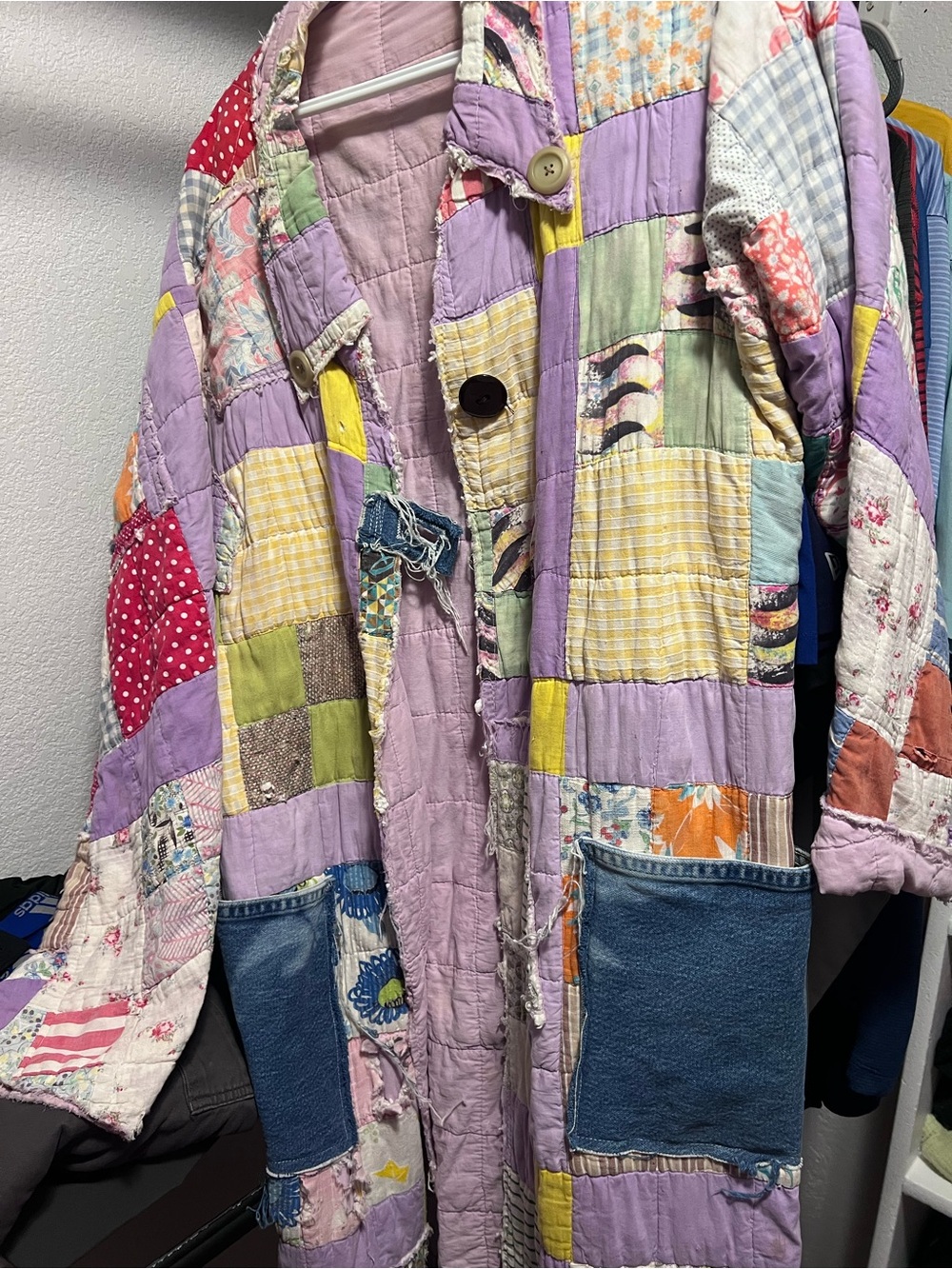 Patchwork Quilted Long Coat in Lavender and Yellow - Picture 3 of 3